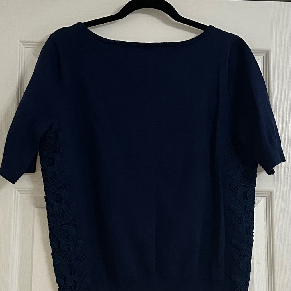 Talbots Cardigan Top Lace Trim Short Sleeve Button Down Navy Blue Size L - Picture 2 of 4
